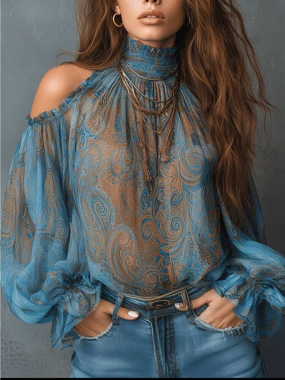 Cold-Shoulder Paisley Semi Sheer Chiffon Long Sleeve Blouse - Blue